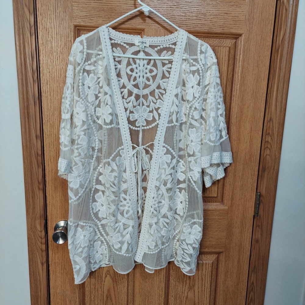 Umgee White Floral Lace Kimono Cardigan Sheer Mesh Tie Front Boho Small